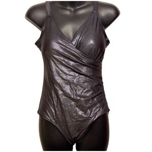 Serra Swimsuit Metallic One Piece Wrap Front Shimmer Ruched Black Silver M NWT